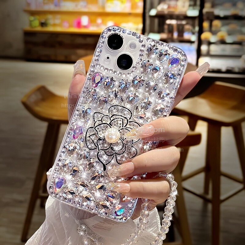 高档满钻山茶花适用苹果16手机壳iphone15透明软套14plus防摔保护13promax女爆款12高档11新品XR带挂绳7创意8
