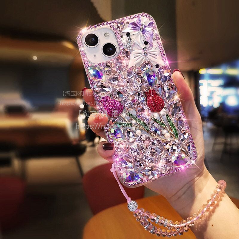 适用满钻iPhone15苹果15Pro手机壳14/11玫瑰花XR奢华XSMAX水钻13全包8软壳苹果16promax带手绳16e女款16plus