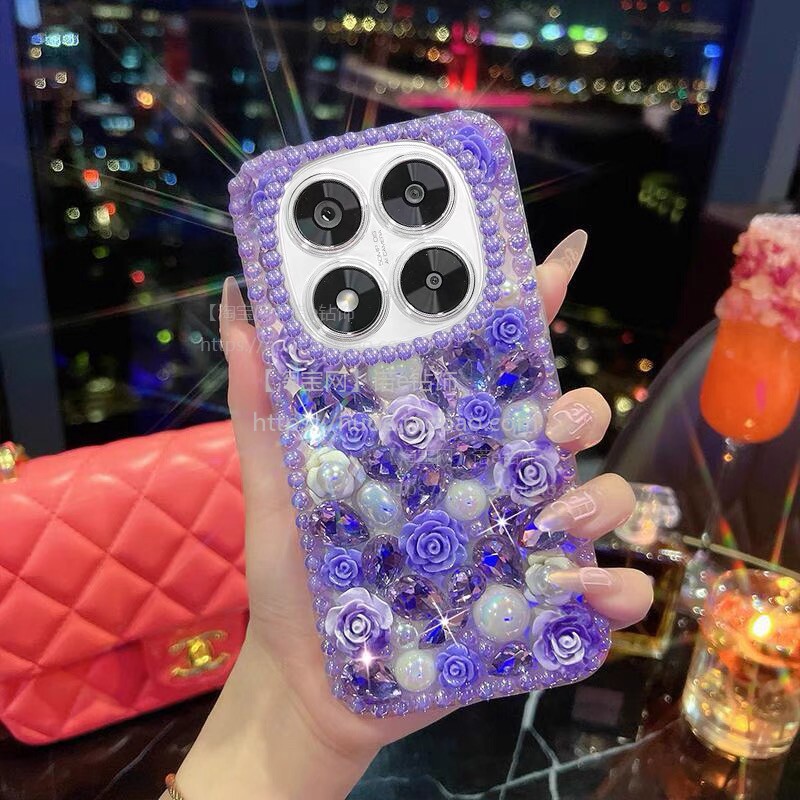 适用红米note14pro+手机壳珍珠花朵水钻note14新女款高级感14R全包RedmiK80奢华满钻note13硅胶防摔K70软外壳