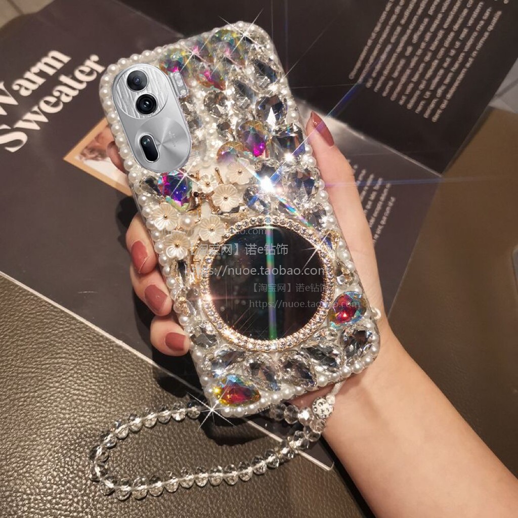 适用于OPPOReno11手机壳珍珠Reno10pro手绳满钻Reno9/8/7SE/6/5/4带镜子K9X镶钻k7x奢华全包A72软壳R17闪钻女