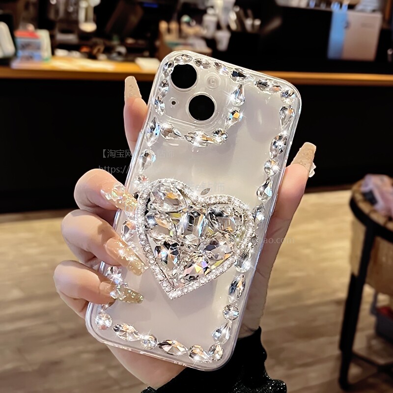 奢华闪钻爱心支架适用苹果16手机壳15promax透明保护iphone14plus软套13全包防摔XR高档12女新款8个性7创意潮