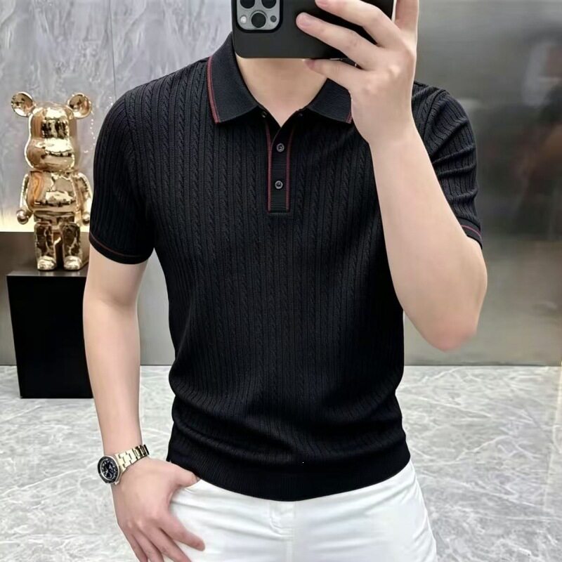 高级感针织衫t恤男翻领冰丝薄款短袖毛衣2025夏季新款男士上衣服