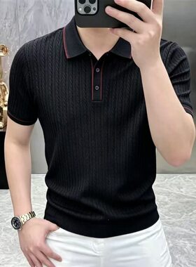 高级感针织衫t恤男翻领冰丝薄款短袖毛衣2025夏季新款男士上衣服