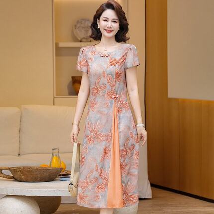 夏装中年妈妈连衣裙中老年人女夏装裙子雪纺新款大码旗袍气质