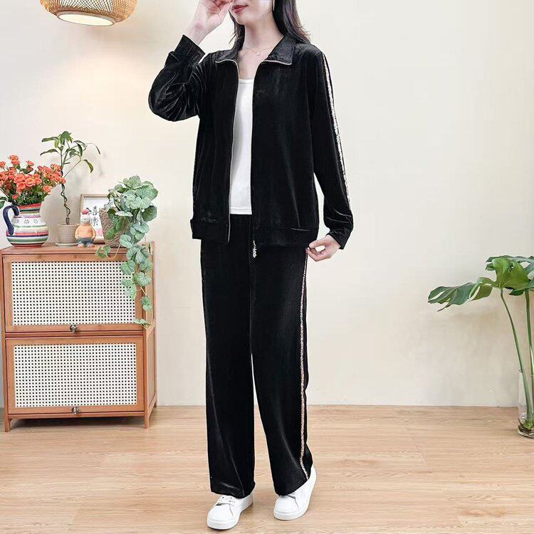 春季中老年女装外套2026春季新款时尚两件套金丝绒妈妈运动套装女