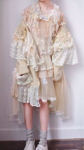 日本古着悦奈风孤品手作毛衣外套 森女花嫁生成色Remake蕾丝仙女