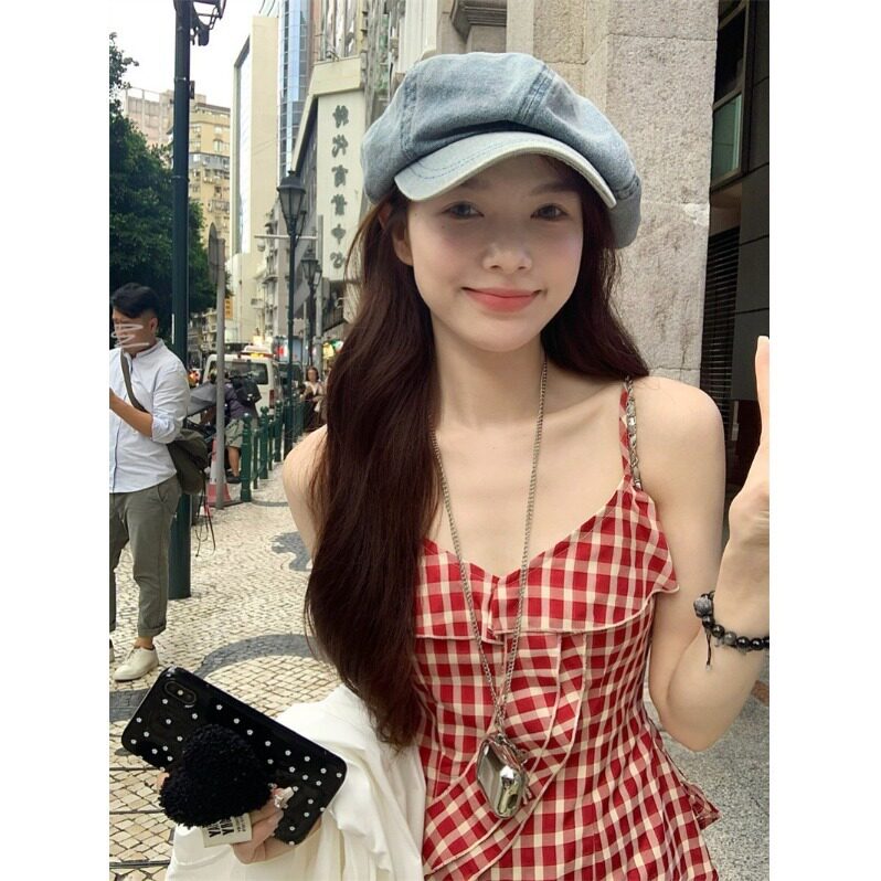2025新款法式辣妹红色格子吊带小背心女夏季荷叶边不规则海边度假