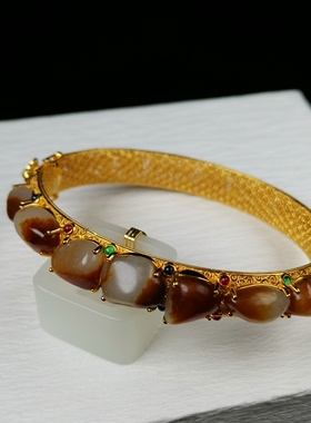 21年老店天然和田玉独籽18k金镶嵌手镯贵妃镯有证书编号d