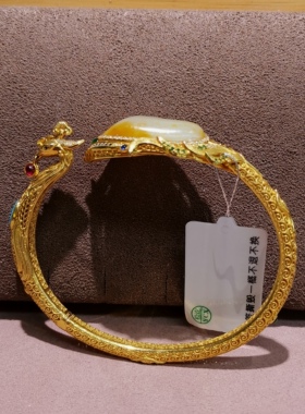 天然和田玉籽料18k金镶嵌手镯