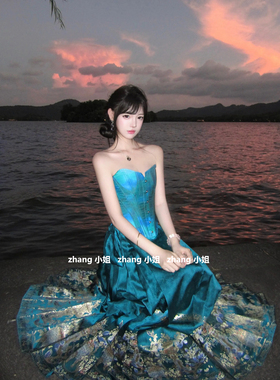 新中式国风套装绝美蓝色汉服马面裙女早秋修身显瘦抹胸上衣一整套