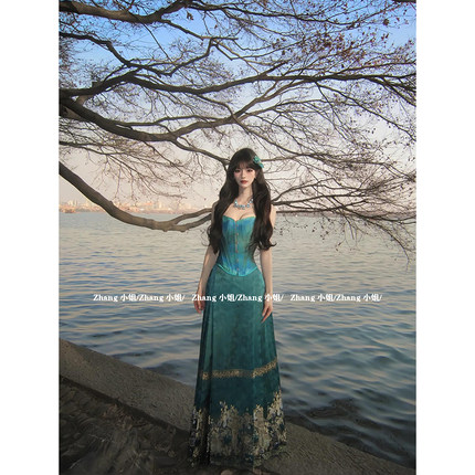 新中式国风蓝色汉服百褶马面裙女夏季新款小个子半身裙上衣一整套