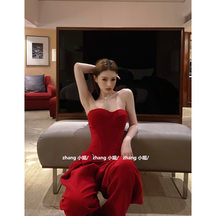 圣诞穿搭新年本命年辣妹套装女秋冬红色抹胸上衣休闲阔腿裤一整套