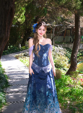 新中式国风蓝色马面裙女夏季汉服改良宽松高腰长款百褶半身裙伞裙