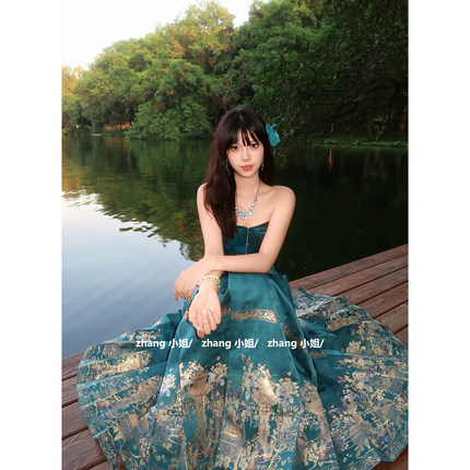 新中式国风蓝色改良汉服马面裙抹胸上衣套装女秋绝美成人礼晚礼服