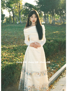 新中式国风汉服改良马面裙女秋冬绝美一字肩上衣宽松半身裙一整套