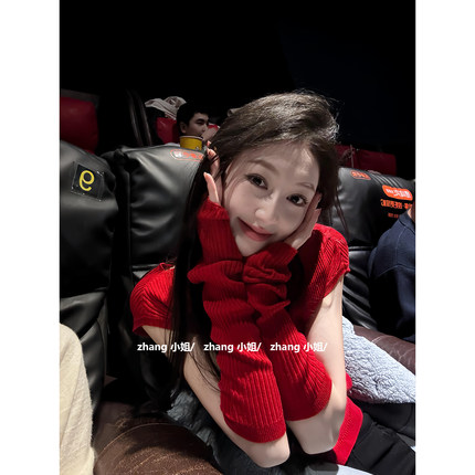 韩系红色针织毛衣女秋冬季跨年过年氛围感穿搭马年本命年内搭上衣