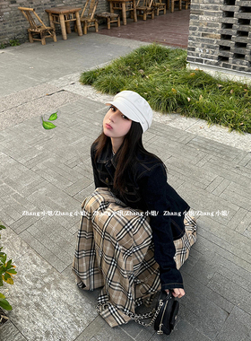 易梦玲同款复古格子半身裙女春秋高腰长款小个子百搭a字裙百褶裙