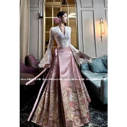 新中式国风粉色改良汉服马面裙女秋冬日常高腰显瘦半身裙上衣套装