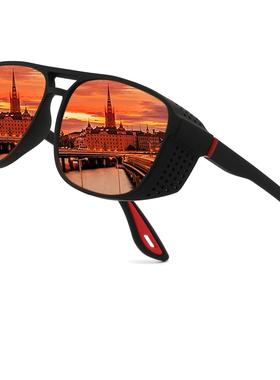 新款时尚潮流偏光太阳镜跨境双梁侧边镂空墨镜户外男女运动眼镜