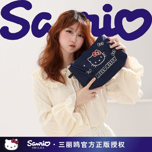 正版三丽鸥HelloKitty牛仔日常收纳包手拿包斜挎手提包可爱少女心
