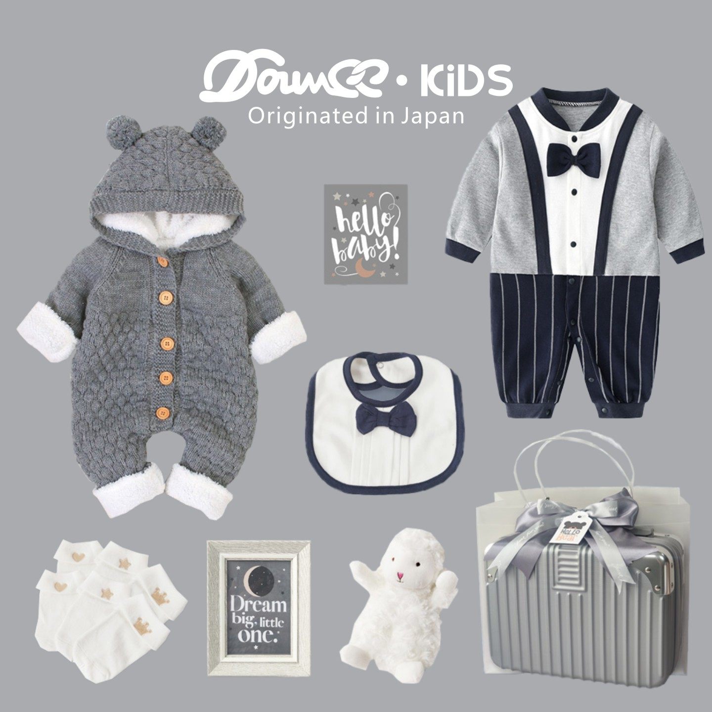 日本Douvee礼盒婴儿套装男宝礼服针织毛衣秋冬季保暖满月周岁礼物