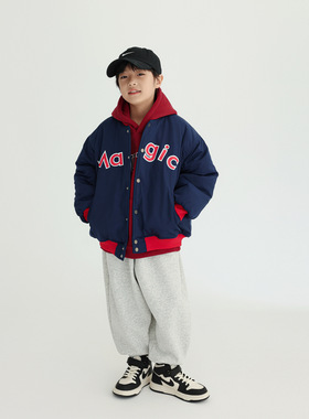 男宝宝字母拼色加厚夹棉保暖圆领棒球服冬男童休闲单排扣夹克外套