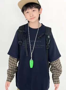 格子拼接假两件圆领长袖套头卫衣