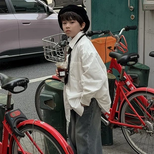 儿童领带翻领长袖加绒加厚白色衬衫冬季韩版男童保暖休闲衬衣外套