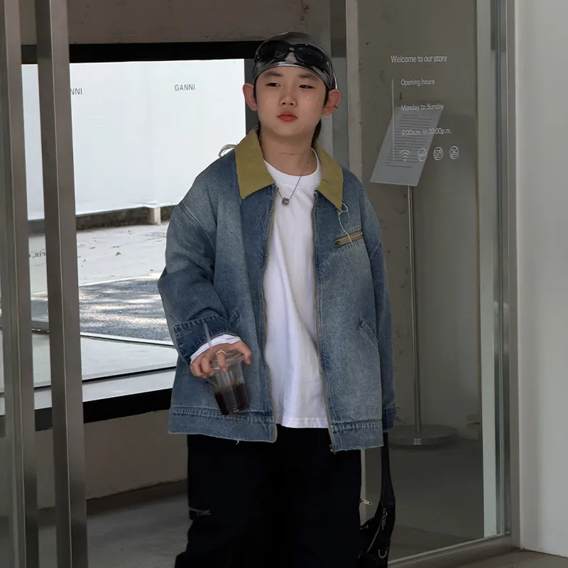 男宝宝重工撞色翻领长袖夹克潮2026春季男童宽松休闲拉链牛仔外套,童装/婴儿装/亲子装,普通外套,淘宝优惠券,粉丝福利购,淘宝优惠卷