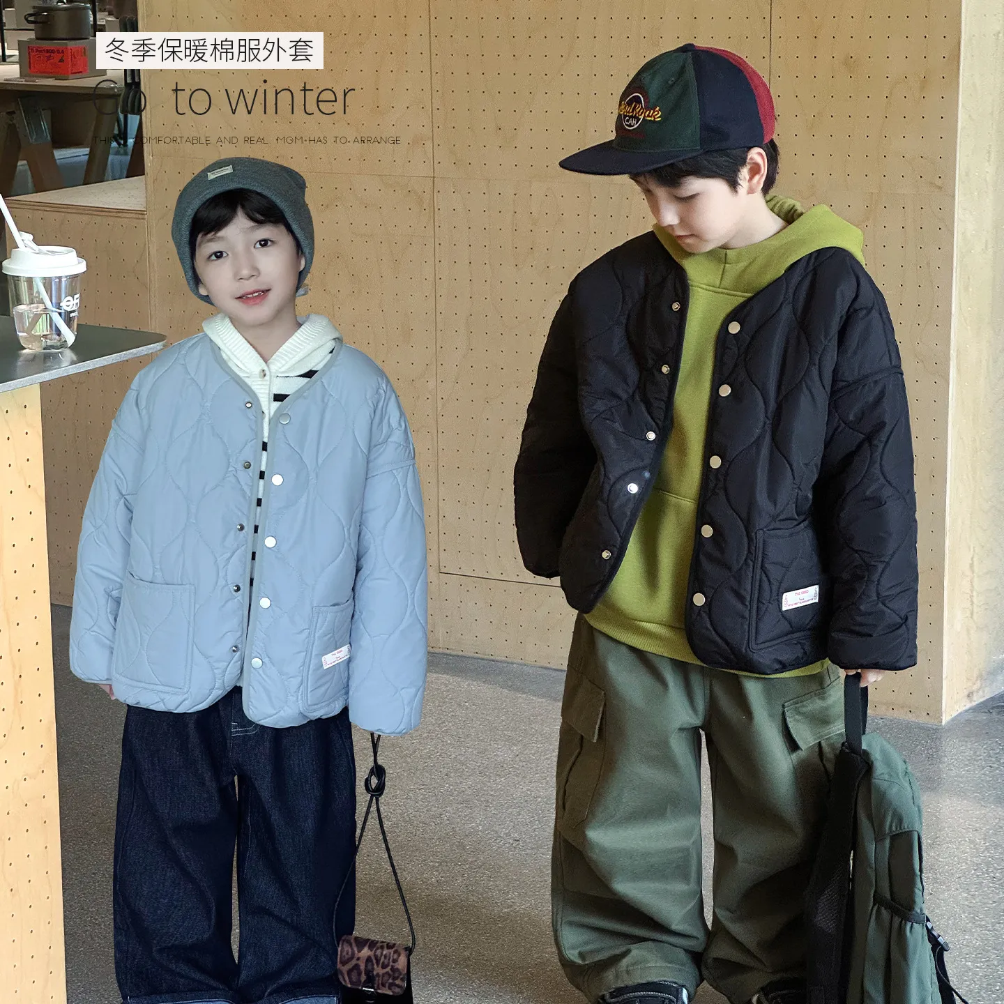 儿童洋气贴标绗棉纯色加厚棉服2025冬季韩版男童休闲保暖棉衣外套