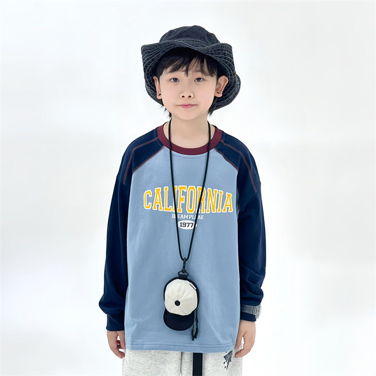 儿童字母印花插肩袖撞色圆领长袖打底衫2024春季男童休闲T恤上衣,童装/婴儿装/亲子装,T恤,淘宝优惠券,粉丝福利购,淘宝优惠卷