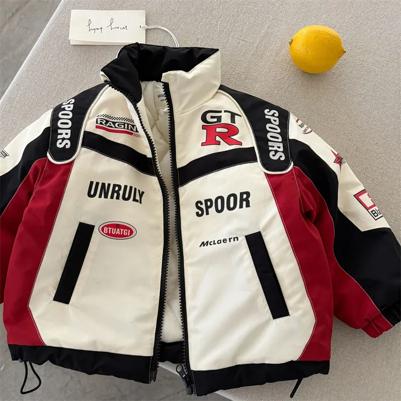 儿童个性印花撞色立领加厚夹棉机车服冬男童休闲拉链夹克棉衣外套