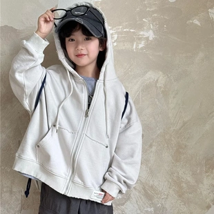 上衣 男童休闲拉链开衫 儿童复古破洞贴标长袖 连帽卫衣外套2025秋季
