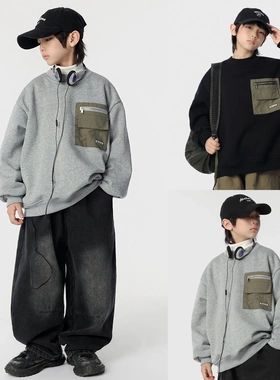 男宝宝帅气撞色口袋加绒圆领长袖套头卫衣潮冬季男童休闲保暖上衣