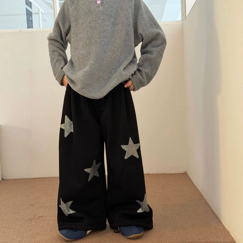 加厚加绒星星烫钻黑色运动卫裤