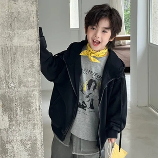 儿童洋气炒色做旧连帽卫衣外套2025秋季 上衣 男童宽松休闲拉链开衫