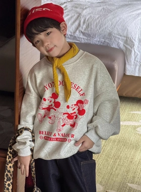 儿童卡通印花加厚一体绒花灰色套头卫衣冬季韩版男童宽松休闲上衣