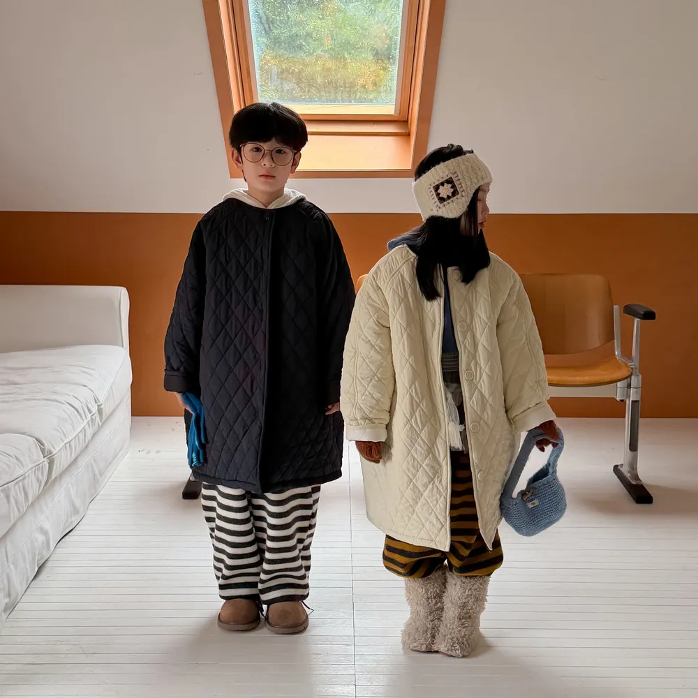 加厚夹棉纯色菱形格中长款棉服