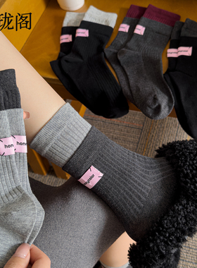 袜子女款秋冬季灰色堆堆袜纯棉透气无骨长筒袜布标中筒袜配鲨鱼裤