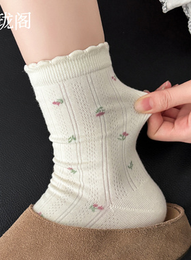 白色袜子女中筒袜夏季薄款纯棉无骨ins潮日系碎花配勃肯鞋堆堆袜