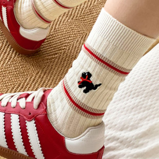 纯棉袜子女款 条纹中筒袜可爱线条小狗袜ins潮卡通长筒袜 春夏新款