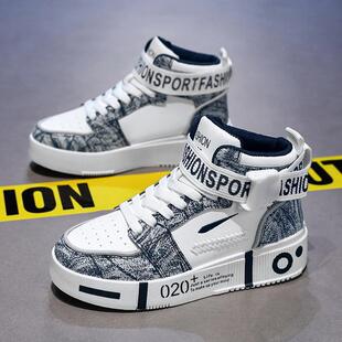 新款男鞋秋季高帮板鞋青少年鞋子男潮鞋运动休闲鞋冬季高邦帆布鞋