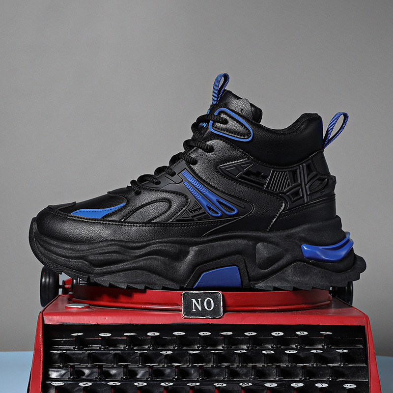 跨境爆款运动鞋男款黑色耐脏皮面高帮板鞋潮流韩版老爹鞋跨境