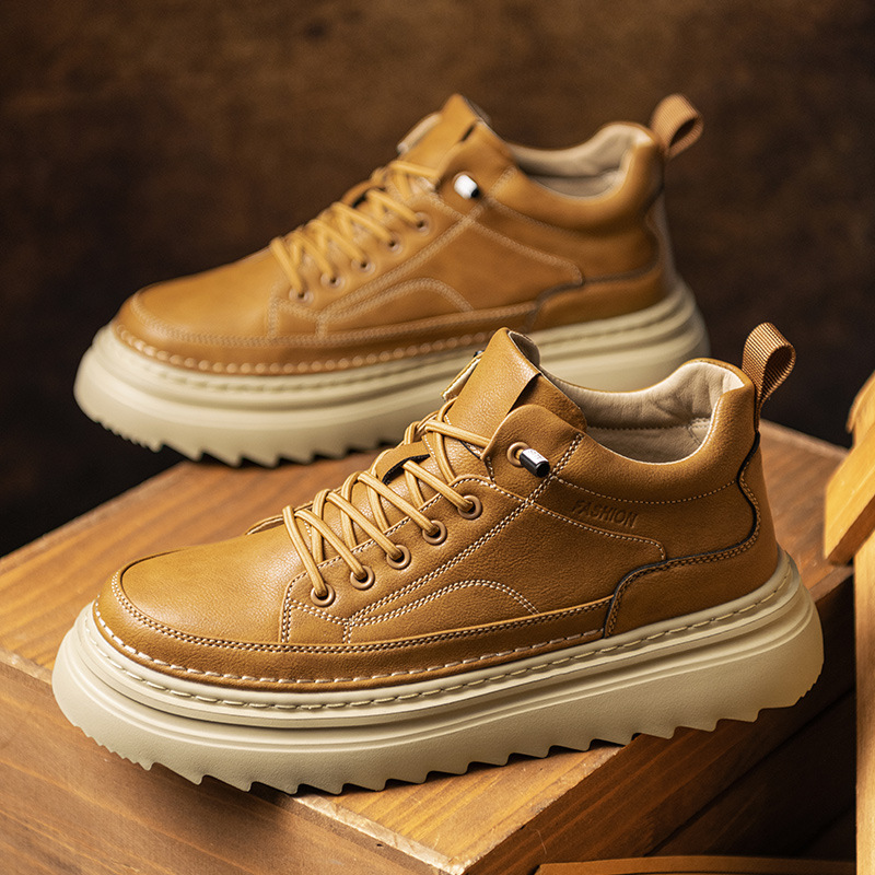 男鞋秋冬款高帮皮鞋中帮工装靴子厚底增高英伦风痞帅一脚蹬马丁靴