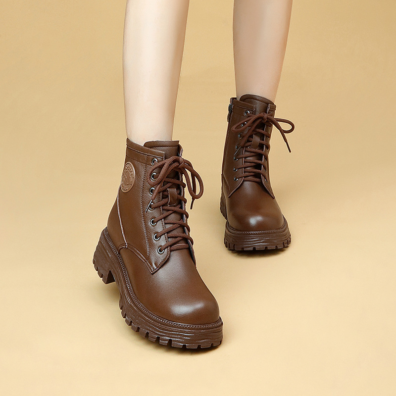 2025冬季女靴软皮马丁靴中跟羊毛棉鞋女加绒加厚粗跟厚底低跟皮鞋