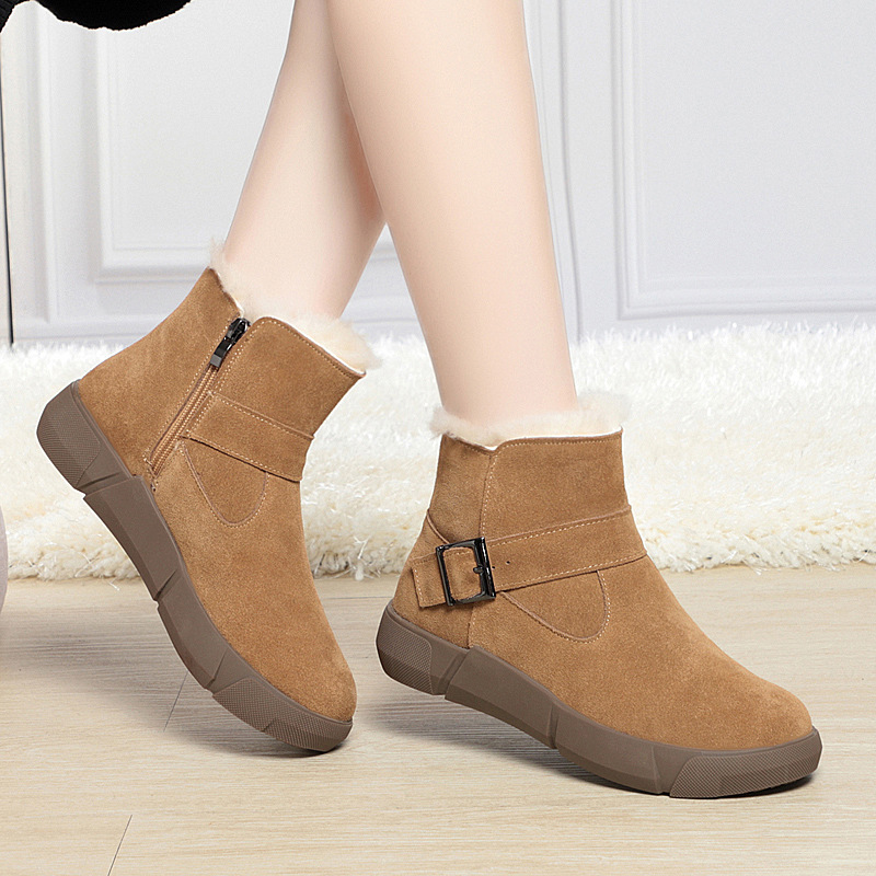 2025真皮新款女冬皮毛一体雪地靴加绒加厚短筒靴子厚底防滑大棉鞋