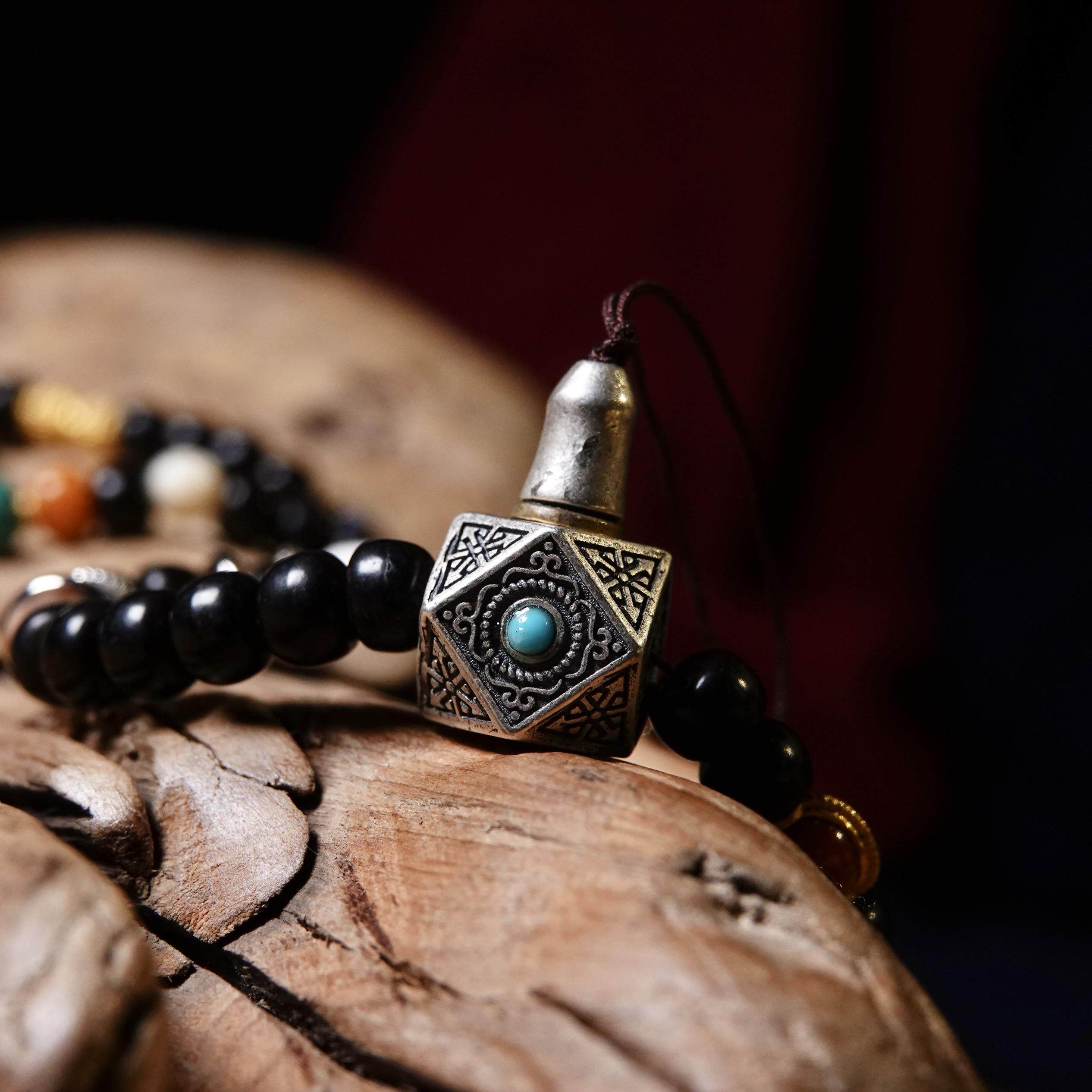 12mm八棱s925纯银文创纯手工镶嵌满工多棱佛头三通藏系念珠百搭