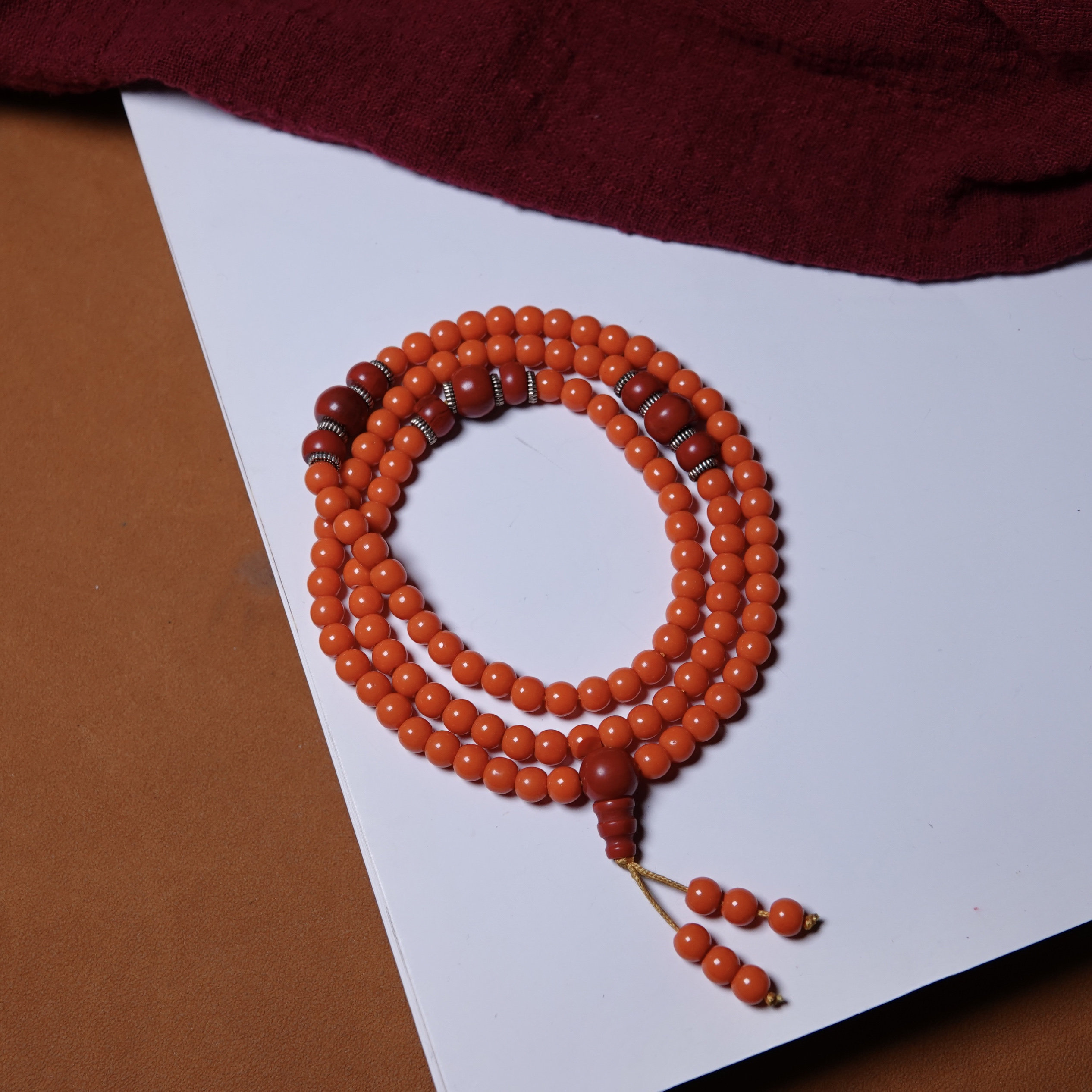 6mm橙色老琉璃善业佛珠原装一套老隔片DIY念珠手串随身一物一图