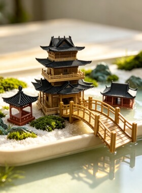 中式3D打印古建筑大号模型摆件客厅装饰假山鱼缸微景观造景凉亭