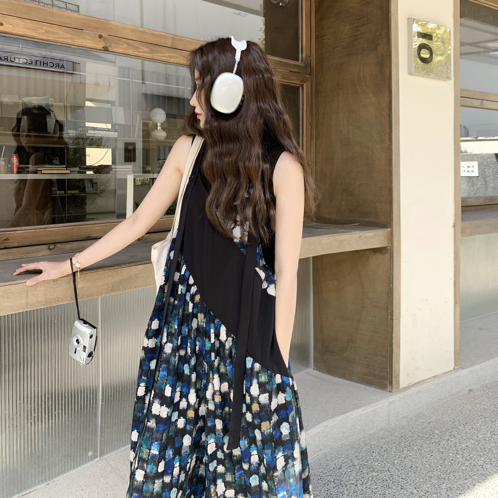 黑色复古油画风印花连体裤女夏新款显瘦休闲慵懒设计感小众阔腿裤,女装连体裤,2C121